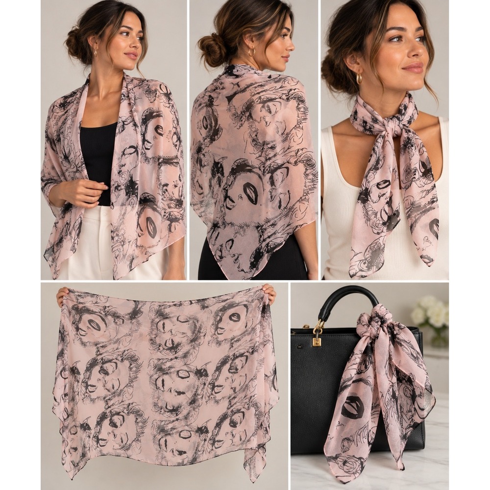 Marilyn Monroe Graphic Scarf Women OS Pink Sheer Pop Art Portrait Shawl Wrap